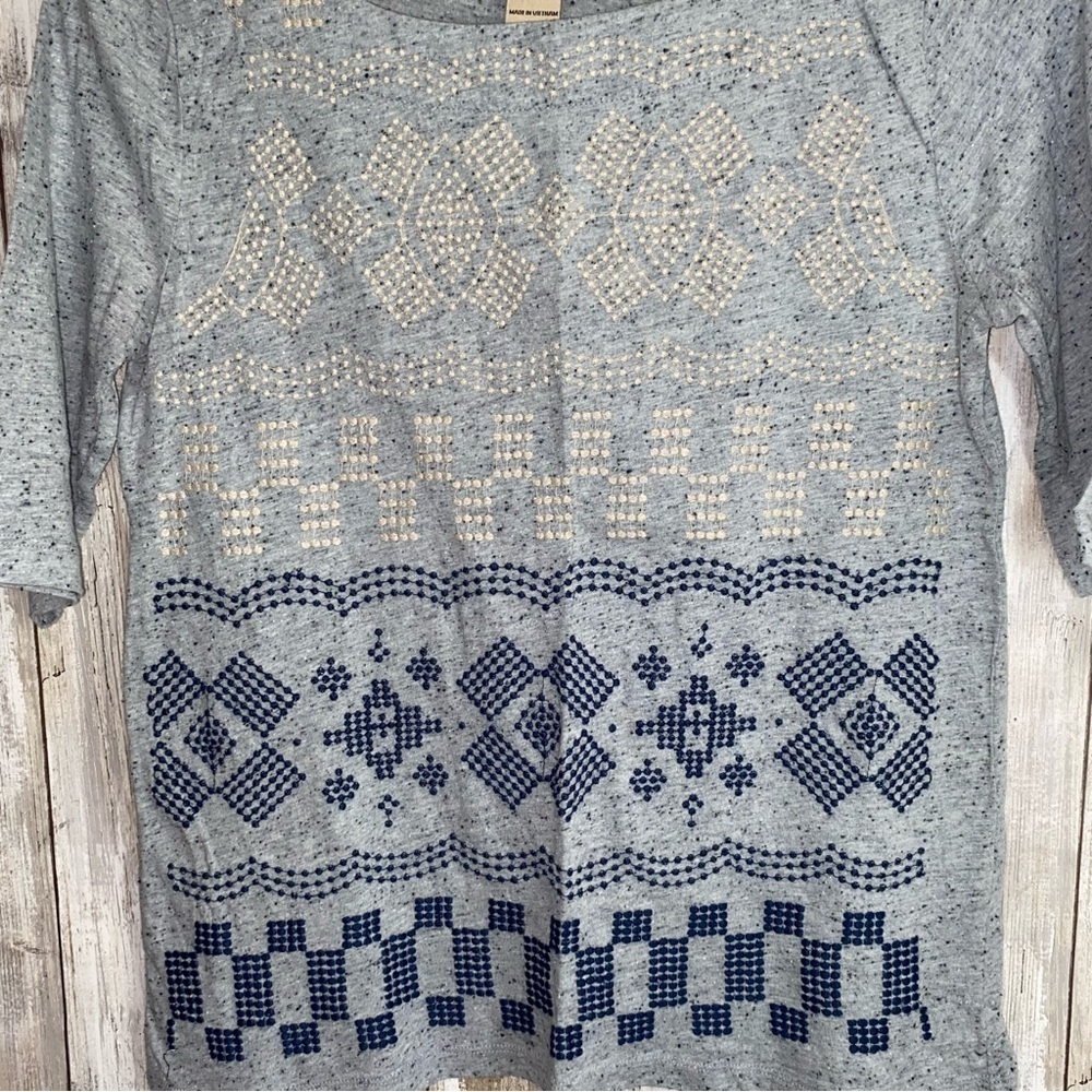 Lucky Brand Blue Embroidered Boho Knit Top Geometric 3/4 Sleeve Medium - Picture 2 of 4